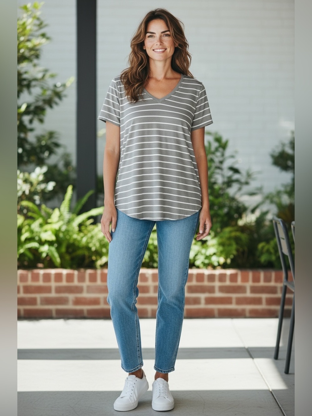LuLaRoe Short Sleeve V-Neck Gray and White Striped Tee